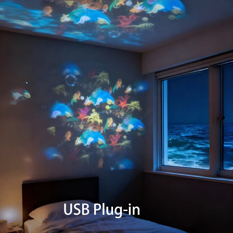 Ocean projector displaying moving colorful effects on wall and ceiling